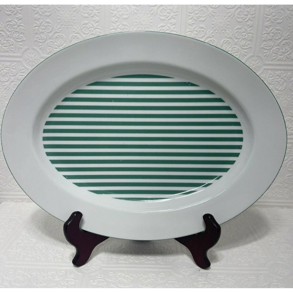 Rauschert Culinary Editions Porcelain Service Platter 14 Inch Green White Stripe